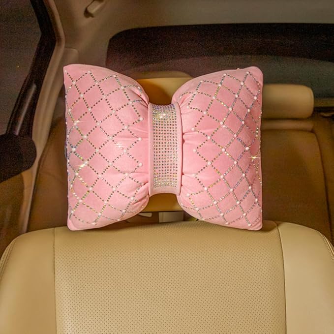 Car Headrest Pillow Pink Sparkly Bling Rhinestone Accessories for Women Bow Seat Neck Support Pillow for Travel Driver Chair Head Rest 2pcs