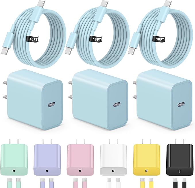 iPhone 17 16 15 Charger Fast Charging 3+3Pack Type C Charger USB C Chargers Block with 10FT Cable for iPhone Air/17/17 Plus/17 Pro/17 Pro Max/16/16 Plus/16 Pro/16 Pro Max/15/15 Pro Max/iPad Pro (Blue)