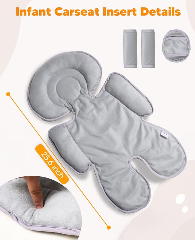 Infant Car Seat Insert for Newborn Girls Boys, 3 in 1 Reversible Cushion for Carseat with Strap Pads Buckle Cover Extra Soft Carseat Support Pad for All Season, Grey