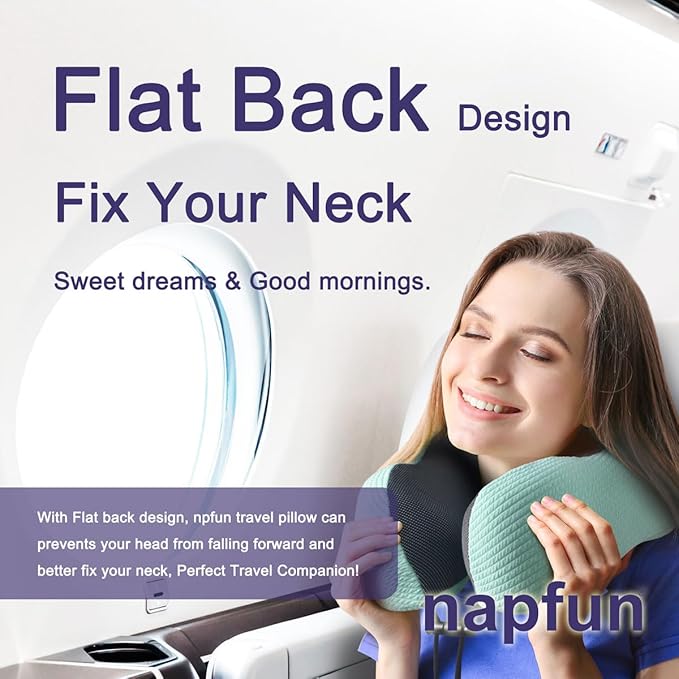 napfun Neck Pillow for Traveling, Upgraded Travel Neck Pillow for Airplane 100% Pure Memory Foam Travel Pillow for Flight Headrest Sleep, Portable Plane Accessories, Turquoise Striped Kit
