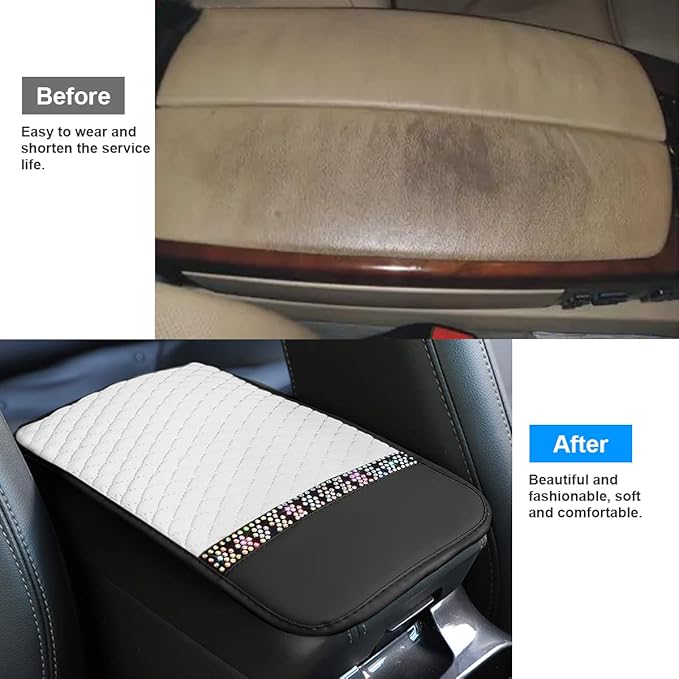Bling Leather Car Center Console Cover, Car Center Console Protector With Glossy Crystal Rhinestone, Universal Waterproof Car Armrest Seat Box Cover For Most Car, Vehicles, SUVs, Trucks (White)