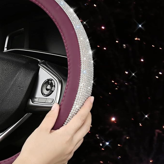 Bling Diamond Leather Steering Wheel Cover, Purple Steering Wheel Covers for Women Girls with Crystal Rhinestones, Universal Fit 14.5"-15" Car Steering Wheel Bling Cover Accessories