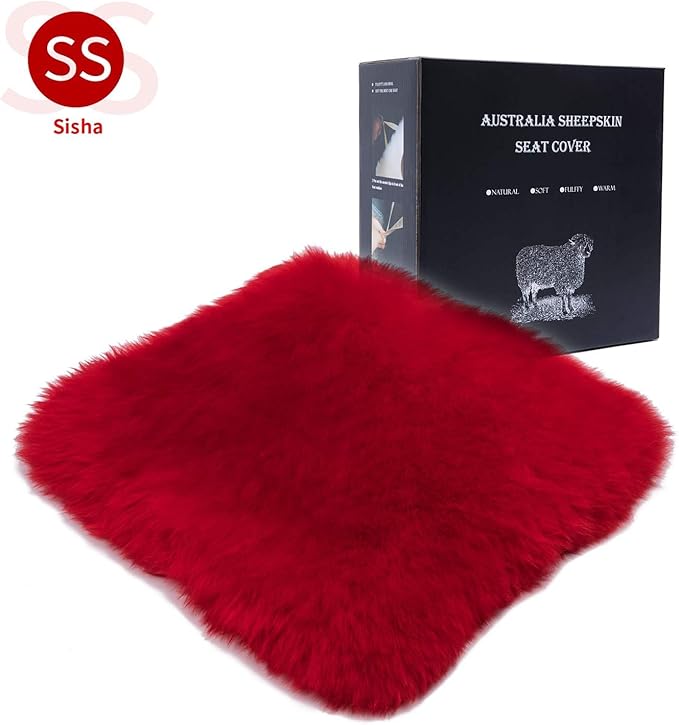 Winter Warmth: Universal Sheepskin Seat Cushion Cover - Natural Wool, for Cars, Trucks, SUVs & Vans - Cozy & Stylish Driving Companion Front Red