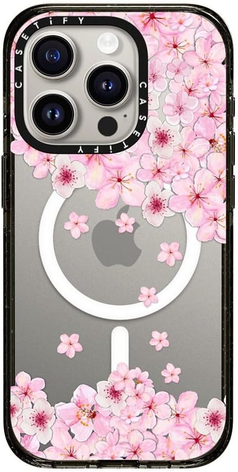 CASETiFY Impact iPhone 15 Pro Case [4X Military Grade Drop Tested / 8.2ft Drop Protection/Compatible with Magsafe] - Sakura Cherry Saturday - Clear Black