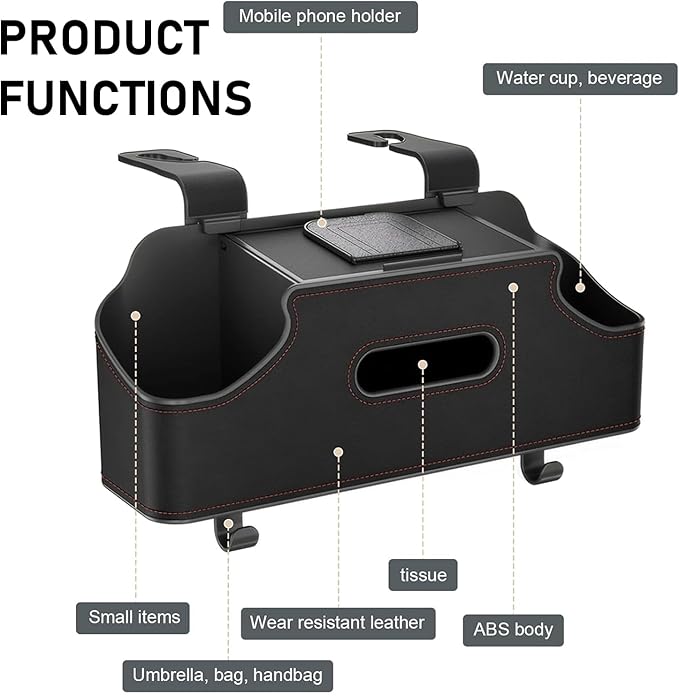 1 PC Backseat Organizer with Dual Cup Holder, Multi-function Tissue Hanging Box and 2 Hooks, Extra Rear Seat Road Trip Storage Accessories, Universal for Most Cars, Trucks, SUVs (Black)
