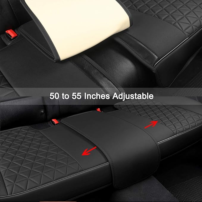 Black Panther Luxury PU Leather Rear Bench Car Seat Cover Adjustable Length (49-55'') Fits 90% Standard 5 Seats (Sedan SUV), for Seat Bottom Only, Triangle Quilting Design, Beige