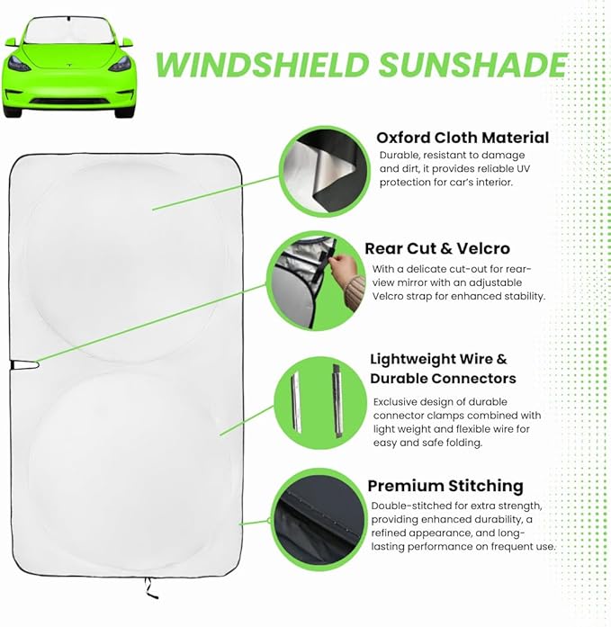 Kinder Fluff Windshield Sunshade for Tesla 3 & Y | Patented Car Sun Protection - Certified 99% UVR Block - Cool Car Interior | Foldable Sun Visor Cover | Automotive Accessories for Summer