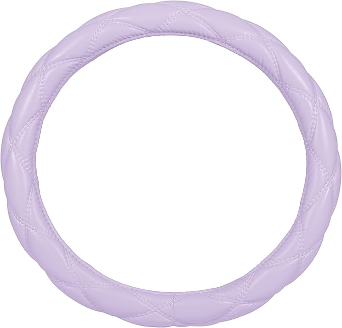 Purple Stitched Leather Steering Wheel Cover for Women, Standard 15 Inch Size Fits Most Vehicles, Cute Faux Car Steering Cover with Diamond Double-Stitch Detail, Car Accessories for Women