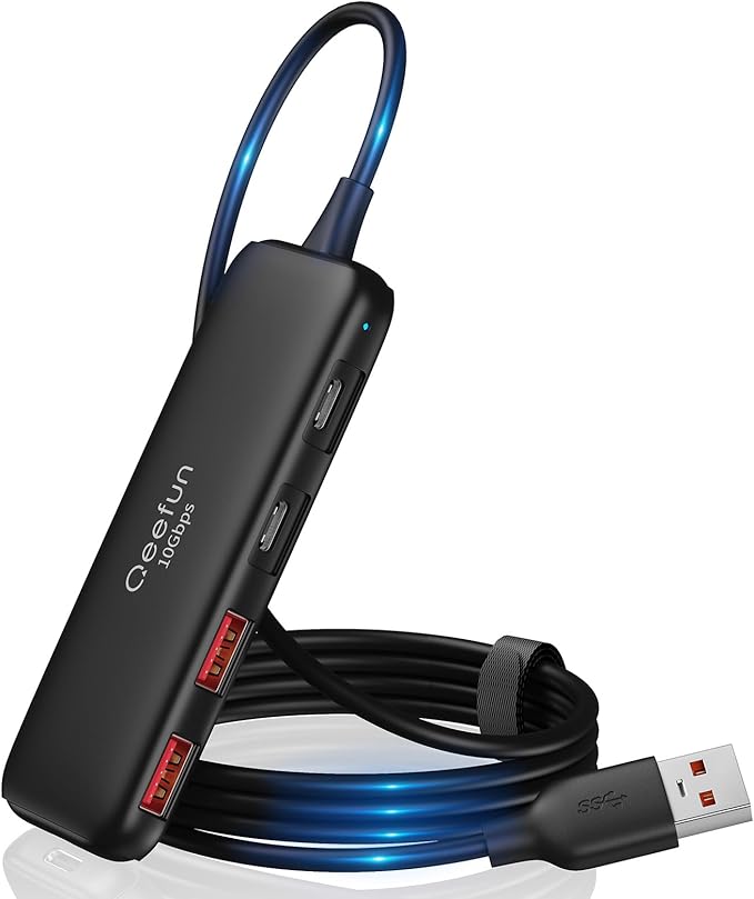 Qeefun 10Gbps USB 3.2 Hub with 2 USB A & 2 USB-C 3.2 Data Ports, USB 3.2 Gen 2 Splitter, 4ft Extended Long Cable and Type-C Power Port, USB multiport Adapter for pc, Laptop, iMac, Mac mini and More