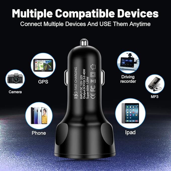 66W Multi Port Car Charger Adapter with Voltage Monitor, 4 USB QC3.0 Super Fast Charge Cigarette Lighter USB Charger, Compatible with iPhone/Android/Samsung/iPad Pro/and More (White)