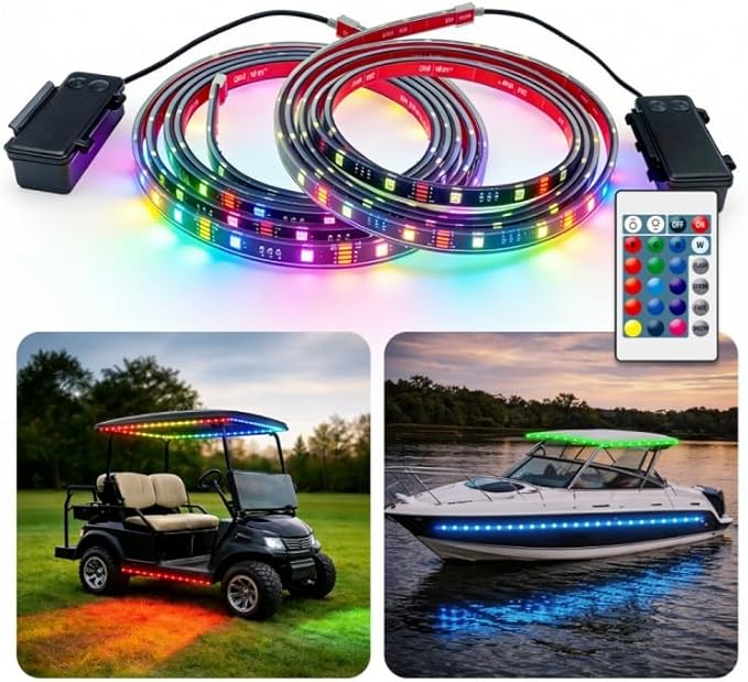 Battery Powered Golf Cart Canopy Lights, 2 Pack 6FT IP68 Fully Waterproof Golf Cart Roof Light Strip with Remote, Golf Carts Underglow RGB Led Strip Lights for EZGO Yamaha Marine Boat Kayak SUP UTV