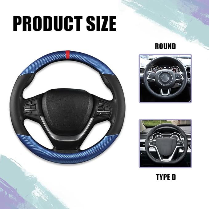 Carbon Fiber Car Steering Wheel Cover, Universal 15 inch Breathable Anti Slip Steering Wheel Covers, Car Interior Accessories Steering Wheel Protector for Men and Women, Fit for Most Cars (Blue/Black)