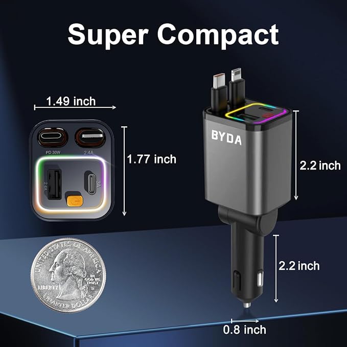 4 in 1 Retractable Car Charger,69W USB-C Fast Car Charger, for iPhone 17/16/15/14/13/12/11, Android,Pixel,Cigarette Lighter Charger (for Type C+Apple &RGB[Grey])