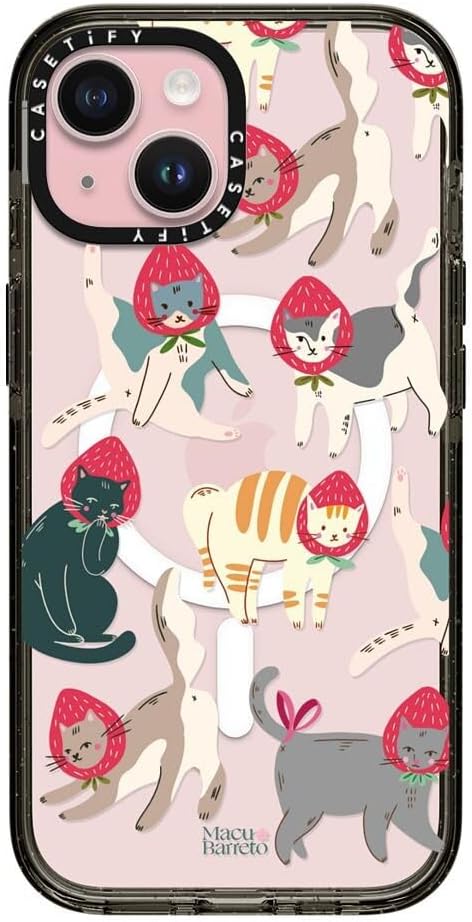 CASETiFY Impact Case for iPhone 15 [8.2ft 4X Military Grade Drop Protection/Compatible with Magsafe] - Strawberry Cats - Clear Black