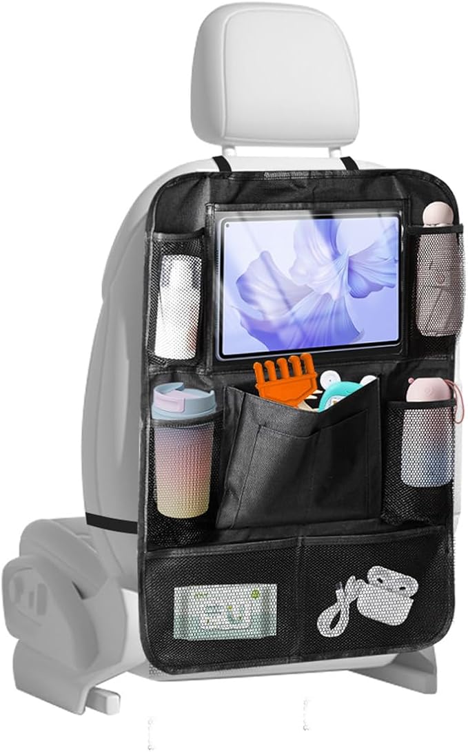 ZIMISI Car Backseat Organizer, Oxford Cloth Kick Mats Back Seat Protector with 9 Pockets & Clear Tablet Holder, Universal Waterproof Car Road Trip Essentials Storage Accessory (1PC)