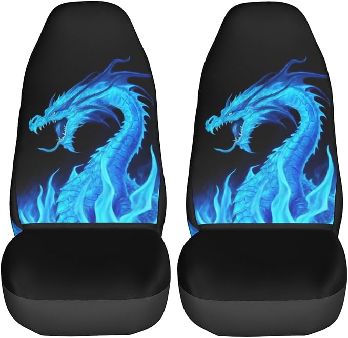 Delerain Car Seat Covers Set 2Pcs, Fire Blue Dragon Universal Front Car Seats Vehicle Enterior Protector Suitable Fits Most Car Auto SUV Sedan Truck