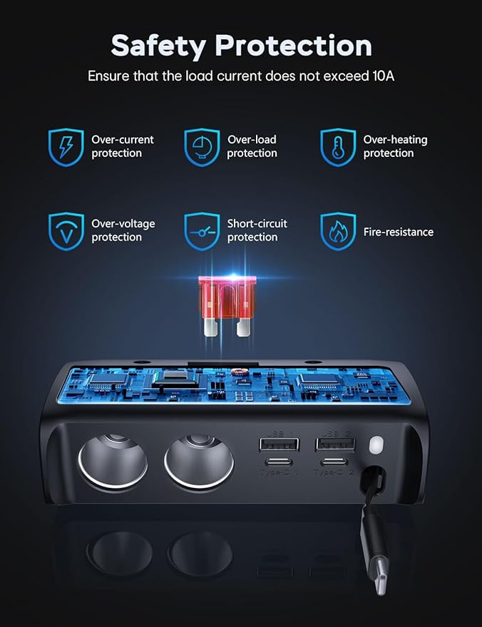 OOWOLF Retractable Cigarette Lighter Charger, 148W Car Charger Adapter 6 USB Ports, USB QC3.0 + PD3.0 Fast Charging, 70cm USB-C Charging Cable, Car Accessories, Compatible with 12/24V Vehicles
