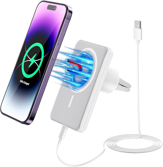 7.5W MagSafe Wireless Car Charger Mount Pro Strong Magnetic Vent Holder for iPhone 15/14/13/12 Series & More, 360° Rotation & Overheat Protection, White