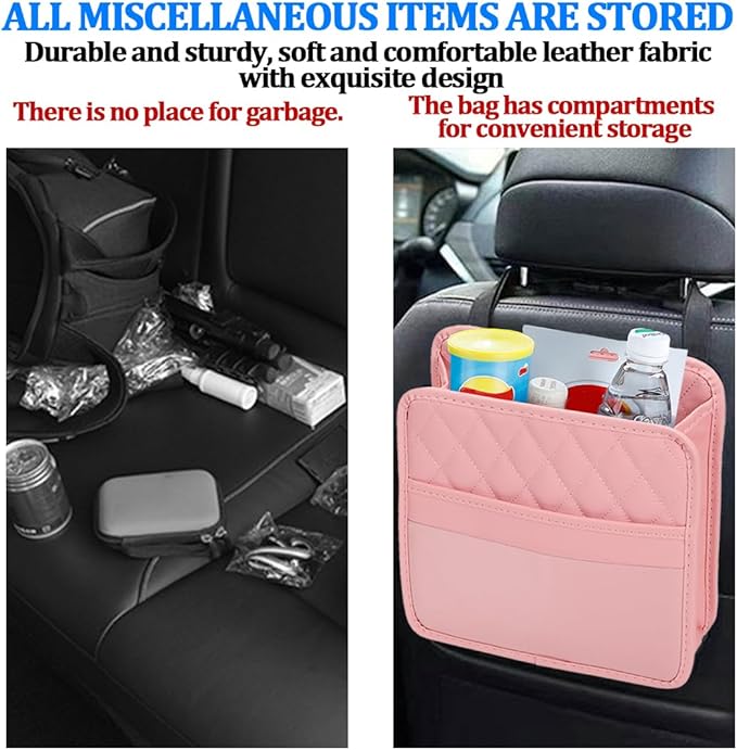 Car Seat Back Organizer, Foldable Leather Vehicle Backseat Storage Bag, Multifunctional Automotive Interior Hanging Pocket Accessories, Universal Fit (Pink)