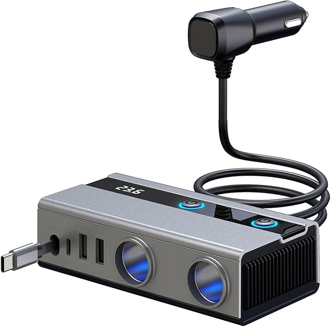 Retractable Cigarette Lighter Splitter, USB Car Charger Adapter with PD 65W, 2 Sockets with Independent Switches, TSNAM 12V/24V Car Splitter with LED Display