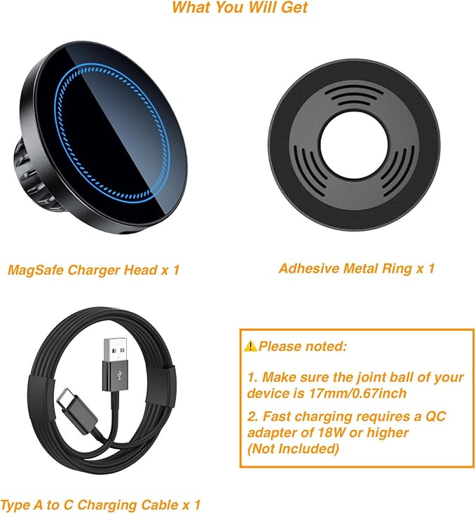 Magnetic Wireless Charging Phone Holder Mount with 17mm Ball Socket for MagSafe, [Heavy-Duty] Magnetic Ball Mount Fits 17mm/0.67inch Ball Car Phone Holder for iPhone 17/16/15/14/13/12 Series
