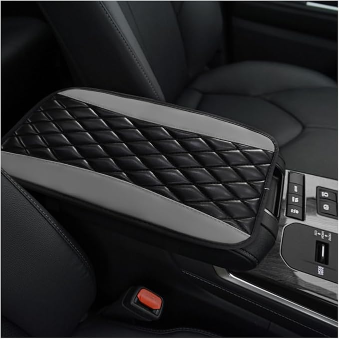 Car Center Console Cushion Pad, 12.6 × 7.48 Inches Waterproof Car Armrest Seat Box Cover, PU Leather Armrest Cover Protector for Most Vehicle, Universal Car Interior Accessories (Black+Gray)