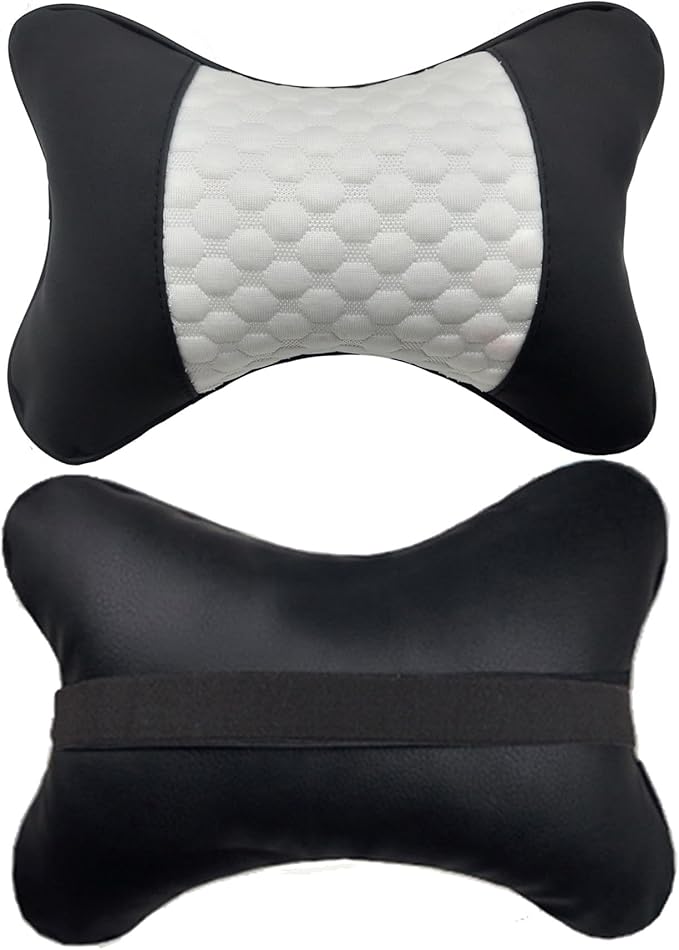 Car Neck Pillows Both Side Pu Leather 2pieces Pack Headrest Fit for Most Cars Filled Fiber Universal Car Pillow (White)
