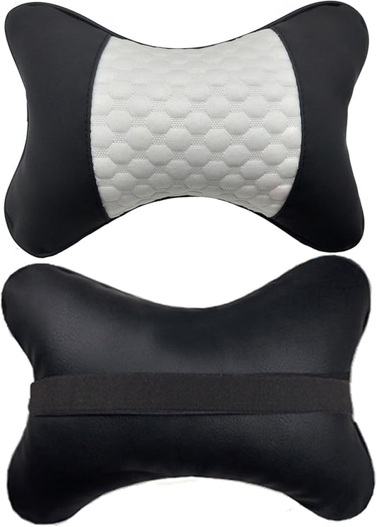 Car Neck Pillows Both Side Pu Leather 2pieces Pack Headrest Fit for Most Cars Filled Fiber Universal Car Pillow (White)