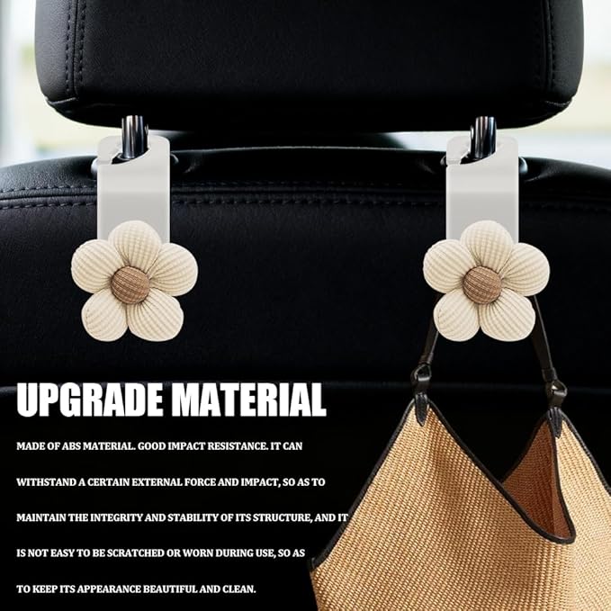 4PCS Car Headrest Hooks, Purse Hook for Car, Cute Flower Auto Backseat Organizer Hanger for Purse Grocery Bag Coat, Auto Seat Back Organizer Storage Hanger Holder Fit Vehicles (White/Beige)