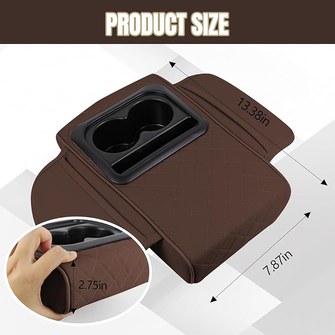 Hovom Car Center Console Cover, 13.39"×7.87"×2.76" Leather Armrest Cover for Cars, Memory Foam Armrest Pillow with Pocket, Cup Holder & Phone Slot, Universal Vehicle Arm Rest Cushion Pad (Coffee)
