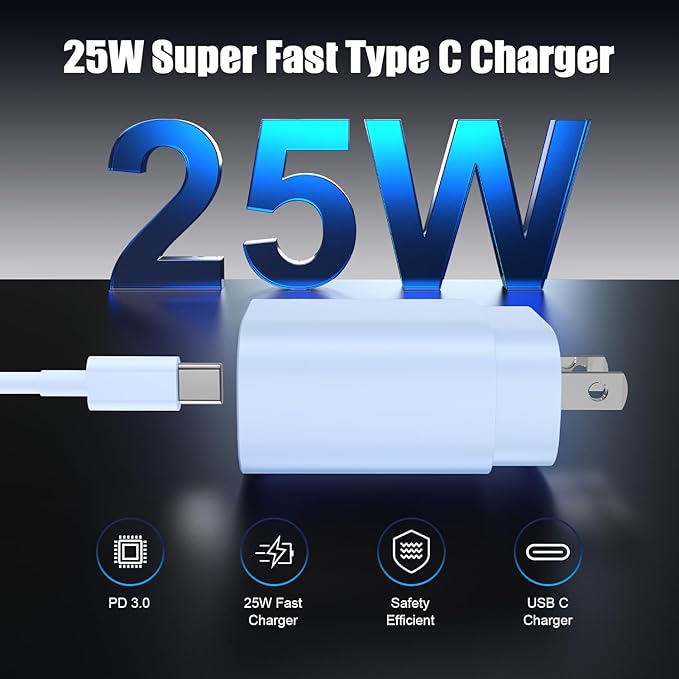 Essri Type C Charger Fast Charging for Samsung Galaxy S25/S24/S23/S22/Note 20,4Pack 25W Super USB C Fast Charger Block with (6ft+10ft) x2 Cables for iPhone 15/16 Pro Max/Plus, Android Phones-Blue