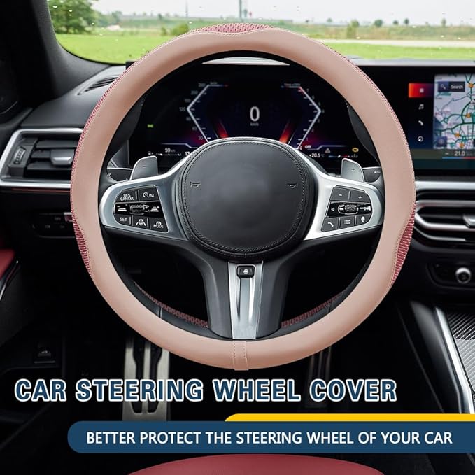 Car Steering Wheel Cover, Steering Wheel Accessories, Universal 15 Inch Microfiber Breathable LCE Silk, Car Accessories Breathable Anti-Slip Protector Universal for SUV Sedan Truck (Pink)