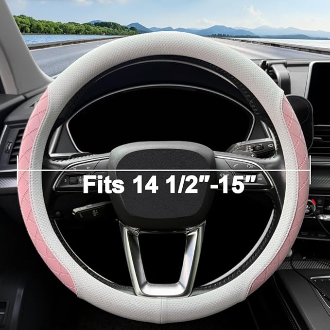 LKWLIKEI Nappa Leather Steering Wheel Cover,Elegant Diamond Checkered Design, Non-Slip wear-Resistant, Enhance Driving Comfort, Suitable for Steering Wheel Diameter 14 1/2‘-15’ Models.White and Pink