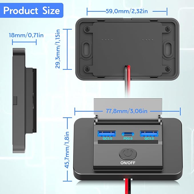 72W 12V USB Outlet Panel Wall Mount, 36W USB C and Dual QC 3.0 18W Car USB Port Charger Socket with Button Switch, Waterproof 3 USB Multi Port Power Outlet DIY 12V Accessories for Car Bus RV Truck
