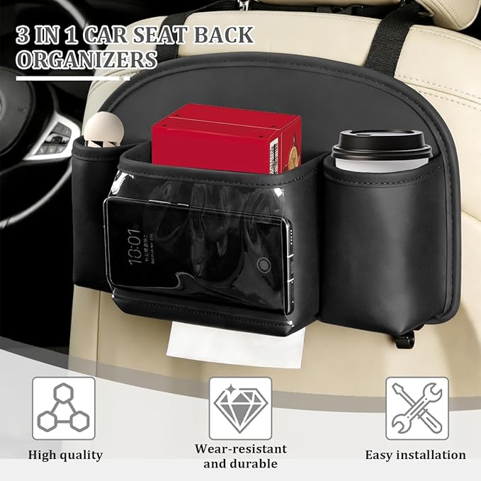 Car Back Seat Organizer, Leather 4-in-1 Seat Back Hanging Storage Bag with Tissue Box, 2 Cup Holder & Hook, Multi-Purpose Backseat Organizer Pocket for Hold Phone Drink, Universal Fit (Black)
