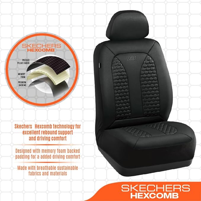 Skechers Memory Foam™ Car Seat Cover Full Sets, Hexcomb Breathable Thick Seat Covers, Airbag Compatible, Automotive Comfort & Protection for Most Cars,Van,Trucks, SUVs (Black,Full Set)