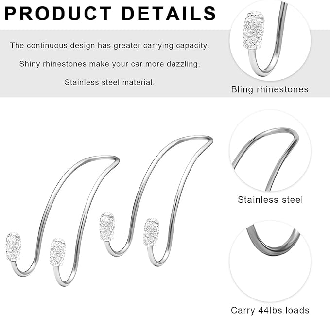 2PCS Car Headrest Hook, Bling Diamond Auto Hooks Stainless Steel Backseat Hangers, Universal Rhinestone Cute Seat Back Organizer Hanger for Purse Bag Clothes, Car Accessories (White)