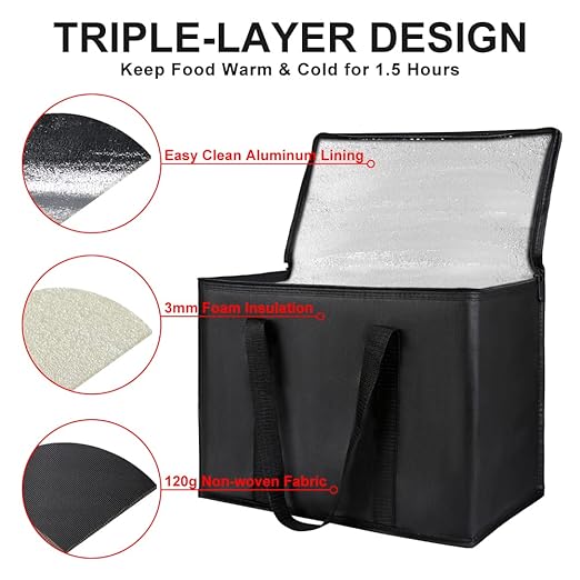 CIVJET 2Pk Insulated Reusable Grocery Bags with Top, X-Large Insulated Food Delivery Bag, Cooler Bag for Travel/Shopping/Groceries, Freezer/Frozen/Thermal Catering Bag for Cold and Hot Food