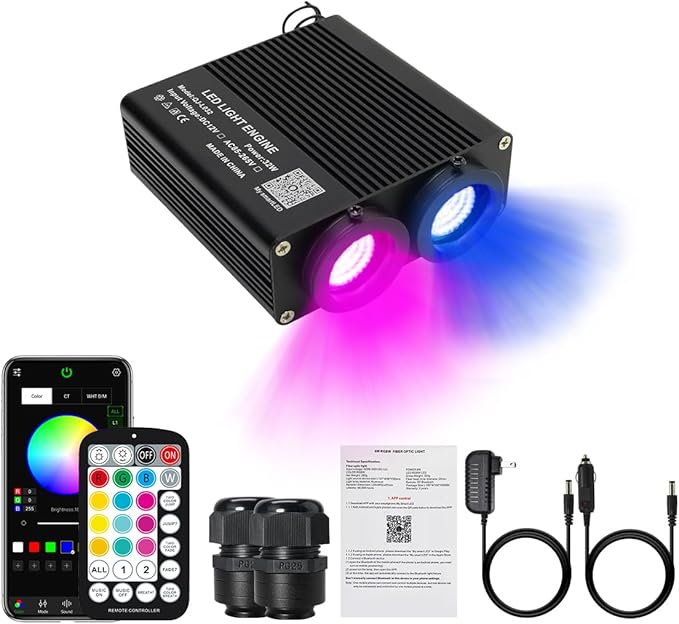 AKEPO 32W Dual-Head Dual-Color Fiber Optic Light Engine, APP Control + Same or Different Color + Music Activated+28-Key Remote for Fiber Optic Star Ceiling