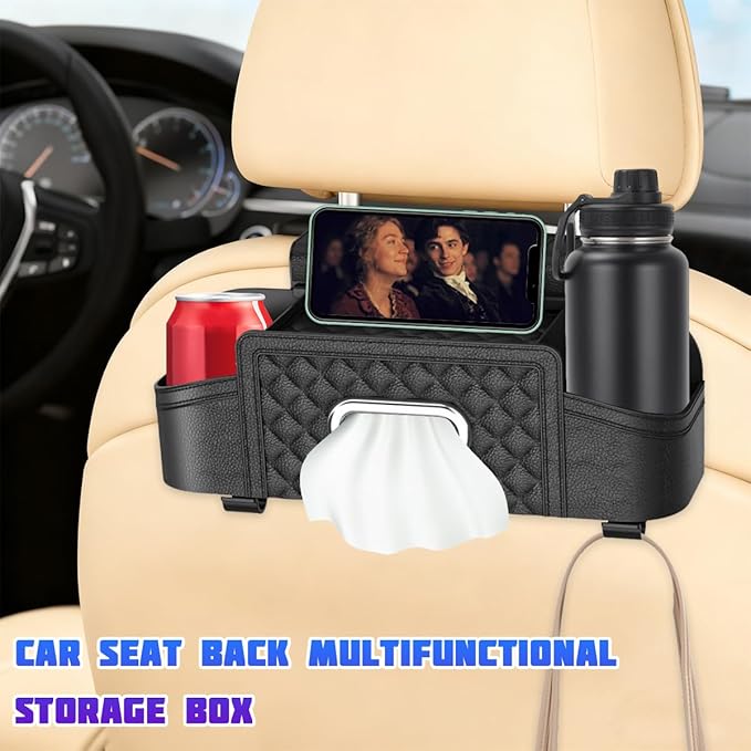 Car Headrest Backseat Organizer, Multifunctional Vehicle Seat Back Hanging Storage Box with Cup Holder and Hooks, Automotive Interior Headrest Storage Organizer, Universal Fit (Black)
