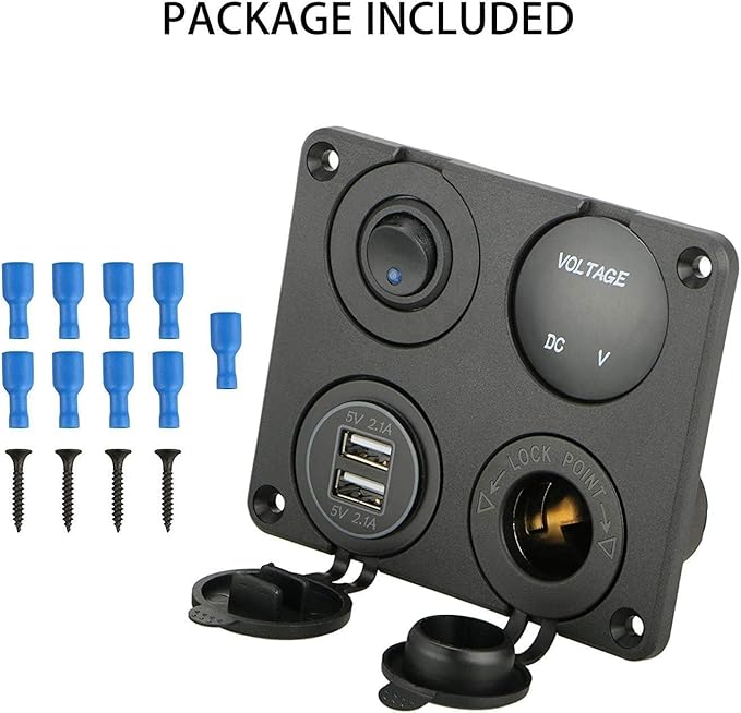 Linkstyle 4 in 1 Car Charger Panel, 4.2A Dual USB A Charger Port, Cigarette Lighter Socket with LED Voltmeter & Rocker Switch for 12V/24V Marine Boat RV Truck