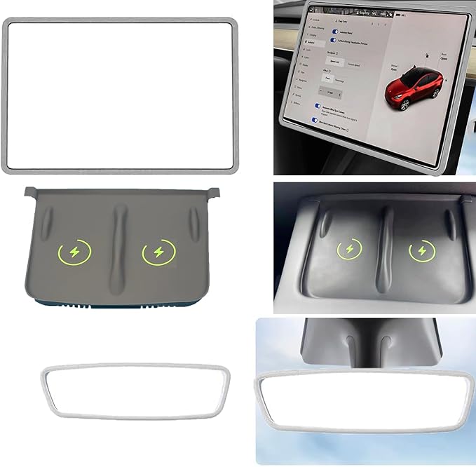 3pcs 3 in 1 DIY Silicone Pad for Tesla，Center Console Wireless Charging Non Slip Silicone Pad + Screen Protector Frame + Rear View Mirror Cover Compatible with Tesla Model 3/Y 2021-2023