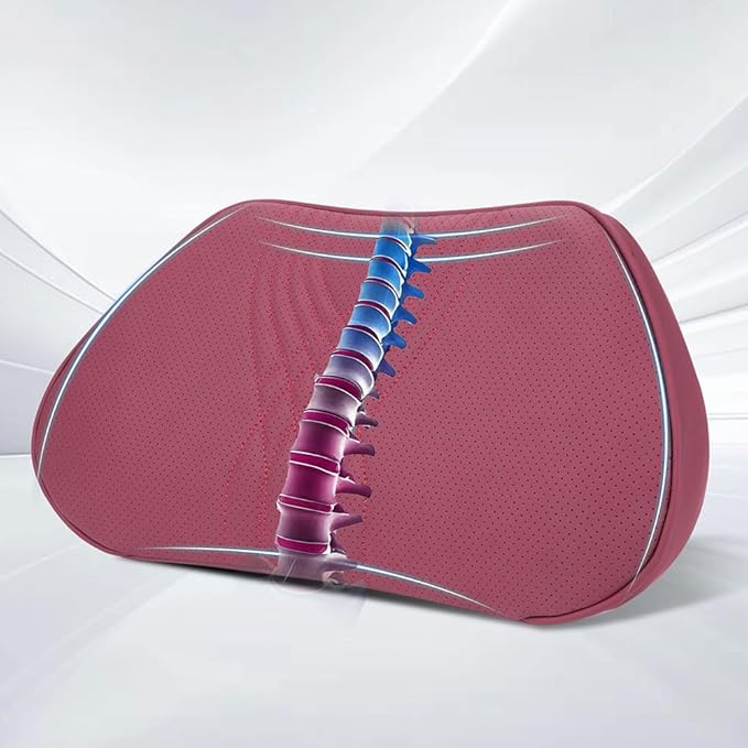 Lumbar Support Pillow for Car Seat, Office Chair Nappa Leather Memory Foam Lower Back Cushion for Back Pain Relief Improve Posture, Ergonomic Back Rest for Gaming Chair, Red, 1PC