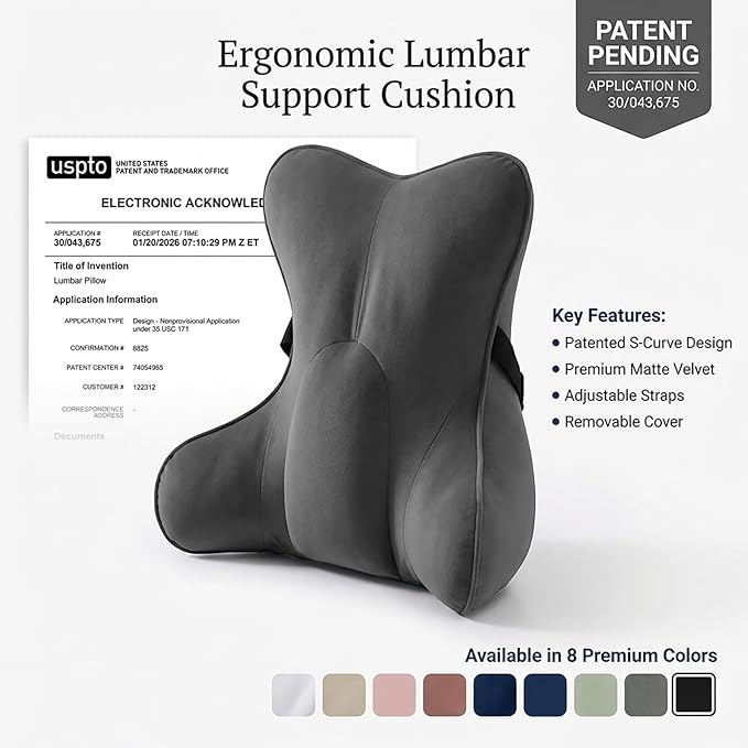Lumbar Support Pillow (Pat. Pend) for Office Chair, Couch, Recliner & Car Seat, Ergonomic Back Support for Lower Back Comfort, with Adjustable Strap to Stay in Place, Steel Gray