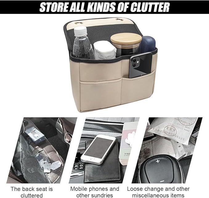 Car Back Seat Organizer, Waterproof PU Leather Car Hanging Storage Bag, Multipurpose Front & Backseat Car Seat Storage Organizer, Universal Interior Car Accessories for Most Vehicles (Beige)