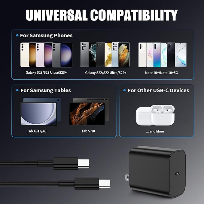 3Pack USB C Charger for Samsung Galaxy S24 Ultra, Super Quite Fast Charging Type C Block with 6FT C to C Cord for Samsung Galaxy Tab S9 S8 S23 Ultra S22 Ultra S23 S22 S21 Note 10 Plus 20