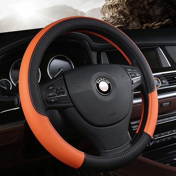 Pahajim Car Steering Wheel Cover for Women Men Universal PU Leather Steering Wheel Accessories Anti Skid 14.5-15 Inch (37-38cm) Forro Volante Carro (Orange)