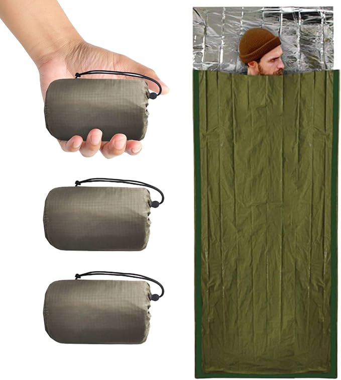Emergency Sleeping Bag Survival Bag 3 Pack | Thermal Waterproof Mylar Bivy Sack for Adults | Portable Emergency Sleeping Bags for Survival, Extreme Cold, Camping, Hiking, and Outdoor Emergency Gear