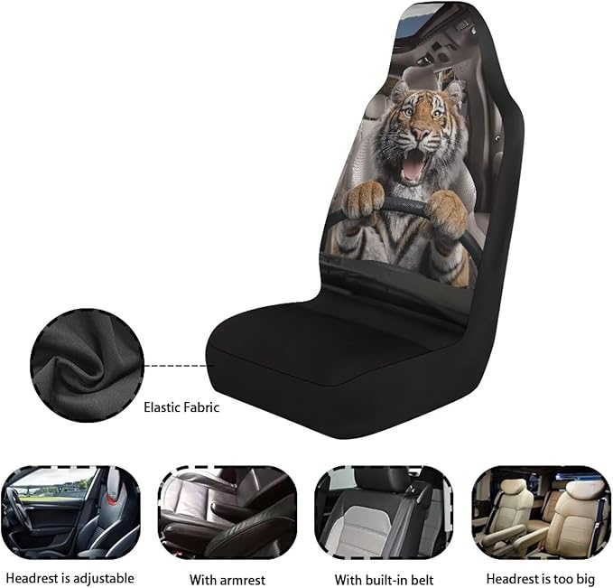 Funny Tiger Car Front Seat Cover Set Decorative Automotive Seat Cushion Covers Soft Front Bucket Seat Cover Fit Most Car Truck SUV Van for Men Women