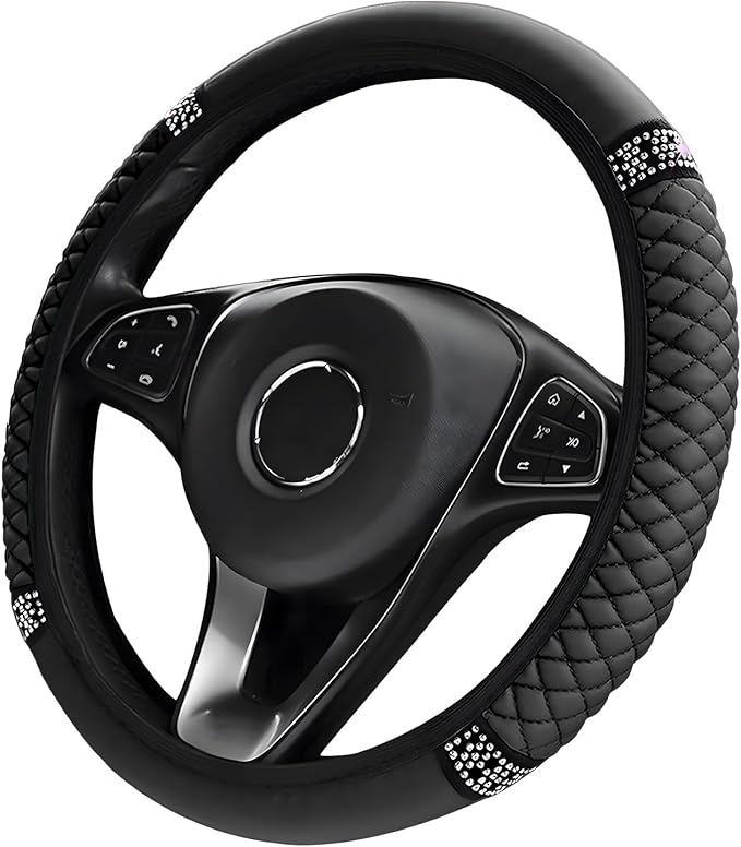 Bling Soft Leather Steering Wheel Cover, 14.5-15 Inch Sparkly Rhinestones Non-Slip Car Steering Wheel Protector, Elastic Auto Steering Wheel Cover Interior for Women Girls (Black)